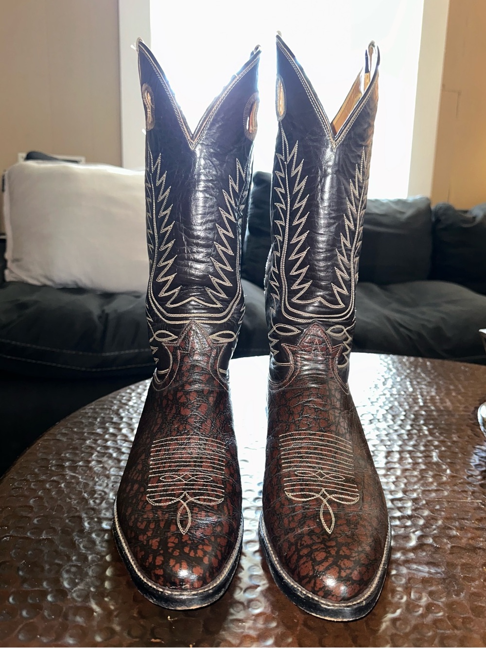Vintage Western Tony Lama Boots Embroidered Leather Cowboy Boots - Brown & Black